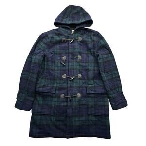 LL Bean Wool Blend Duffel Long Coat Plaid Green Mens Medium Blue Hooded Toggle